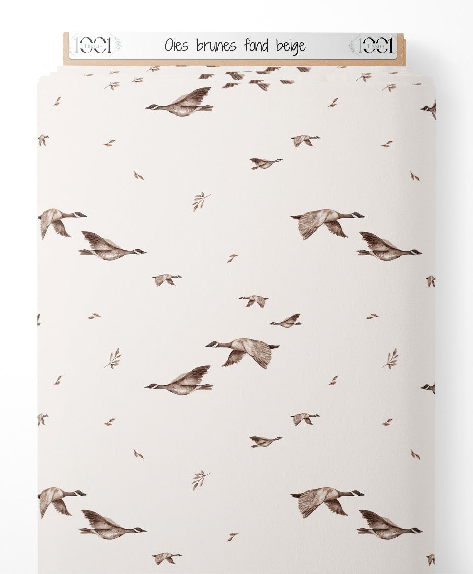 Tissu - Oies brunes sur fond beige