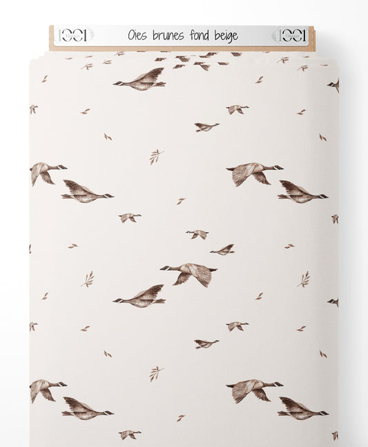 Tissu - Oies brunes sur fond beige
