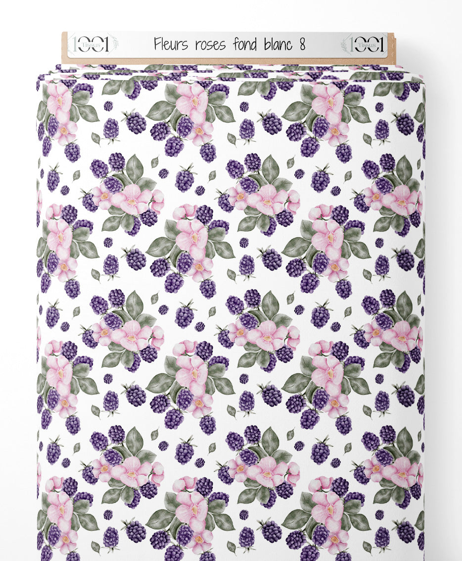 Tissu - Fleurs roses sur fond blanc 8