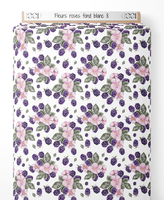 Tissu - Fleurs roses sur fond blanc 8