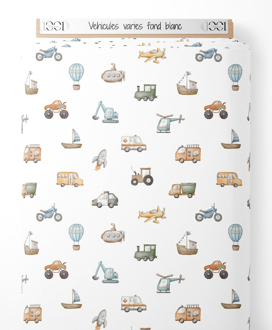 Tissu - Véhicules variés sur fond blanc
