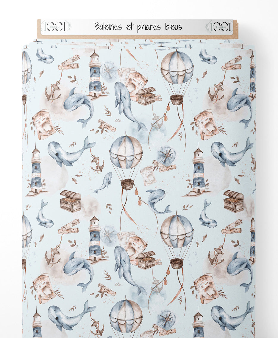 Tissu - Baleines et phares bleus