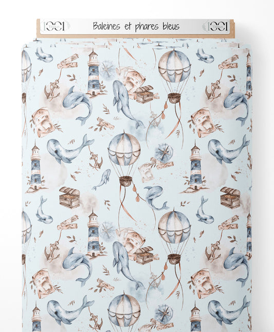 Tissu - Baleines et phares bleus