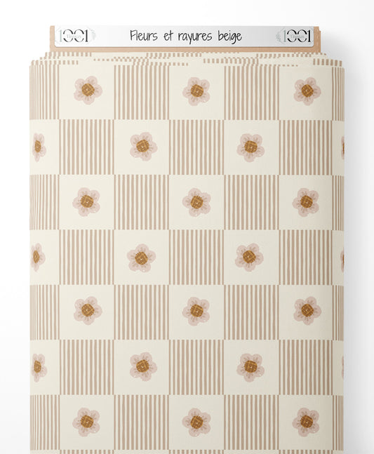 Tissu - Fleurs et rayures beige