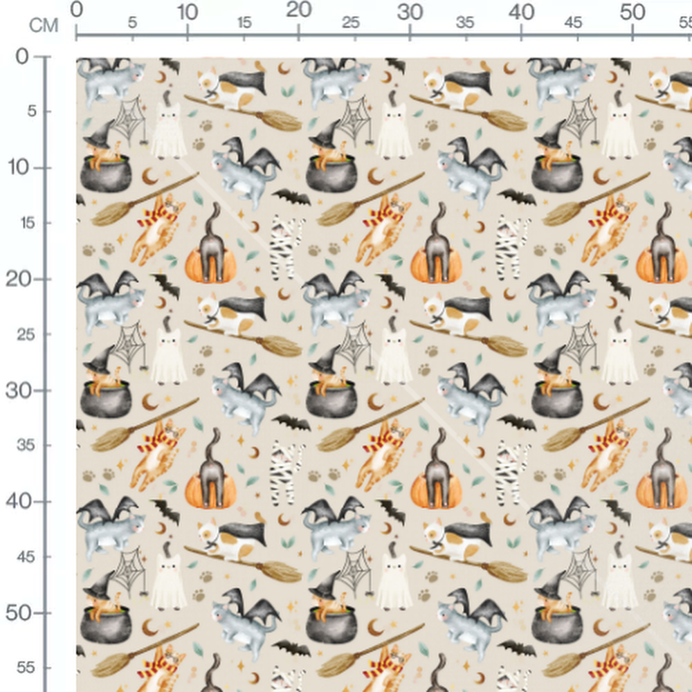 Tissu - Chats sorciers sur beige