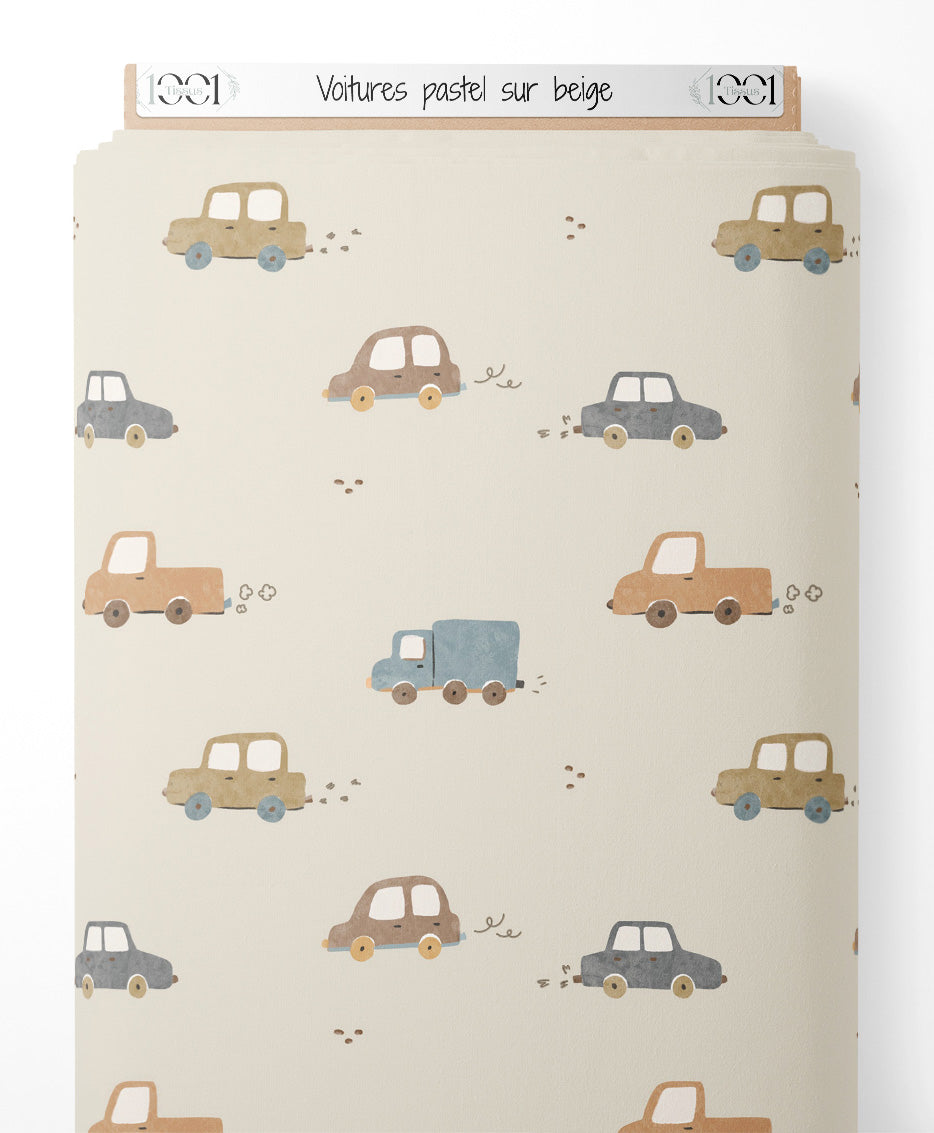 Tissu - Voitures pastel sur beige