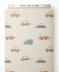 Tissu - Voitures pastel sur beige