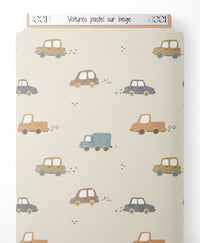 Tissu - Voitures pastel sur beige
