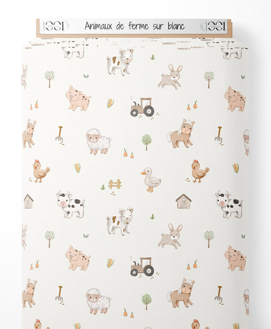 Tissu - Animaux de ferme sur blanc