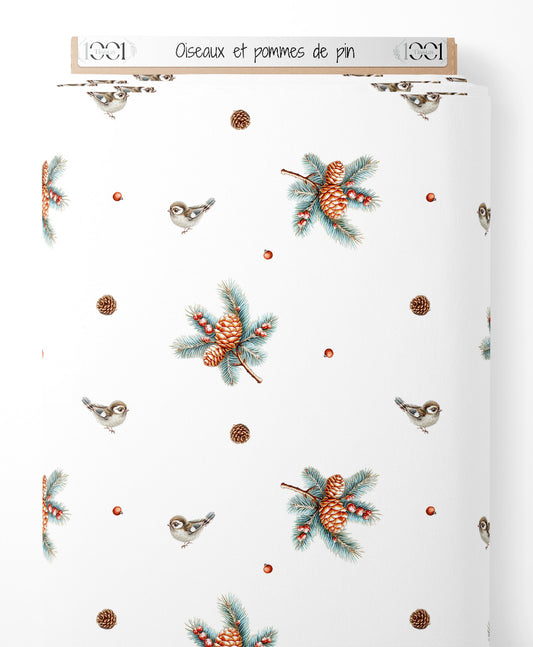 Tissu - Oiseaux et pommes de pin