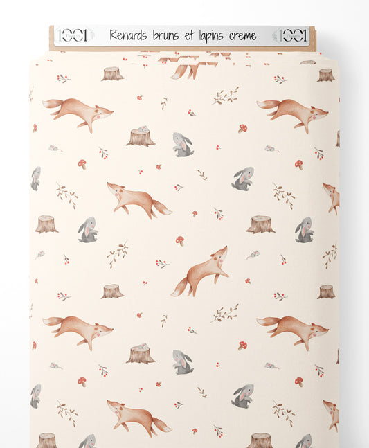 Tissu - Renards bruns et lapins crème