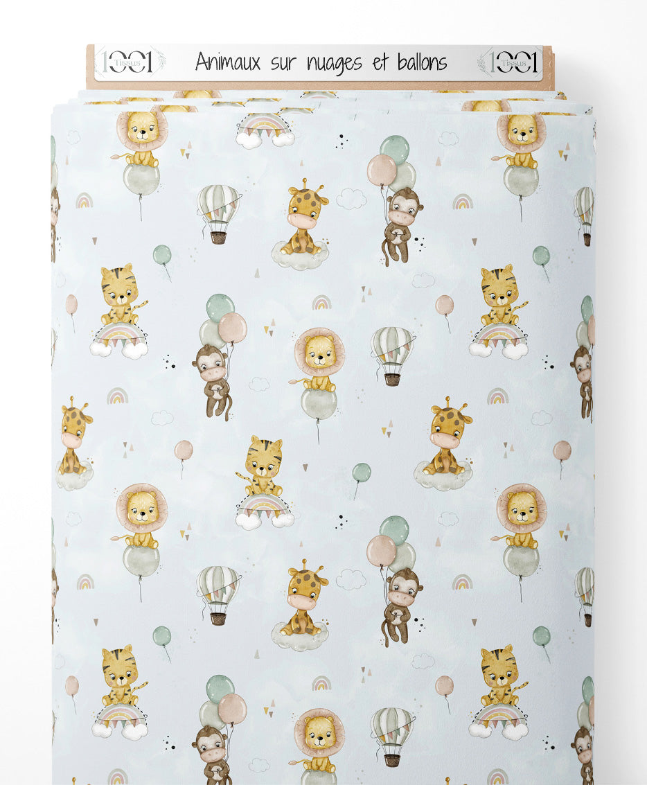 Tissu - Animaux sur nuages et ballons