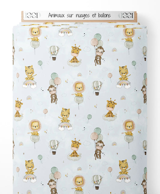 Tissu - Animaux sur nuages et ballons