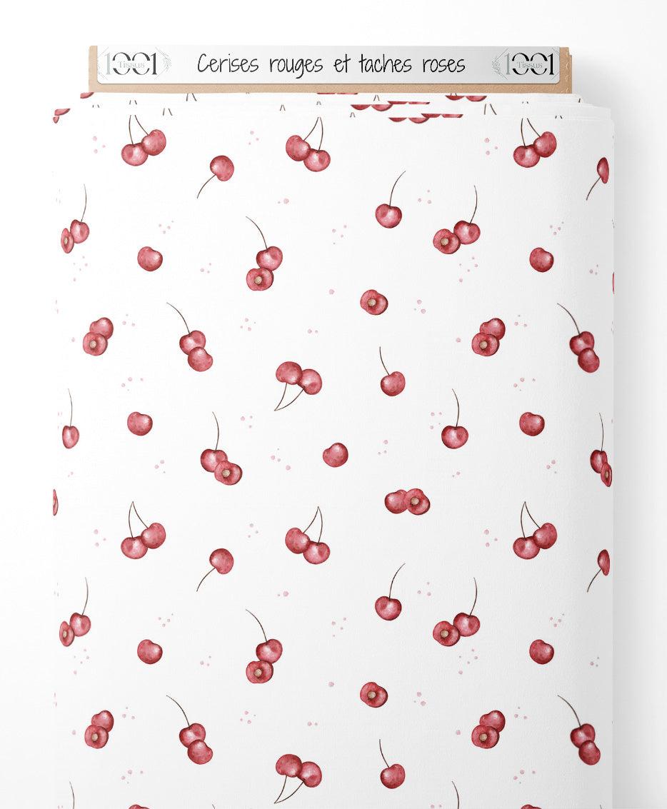 Tissu - Cerises rouges et taches roses