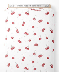 Tissu - Cerises rouges et taches roses