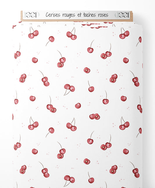 Tissu - Cerises rouges et taches roses