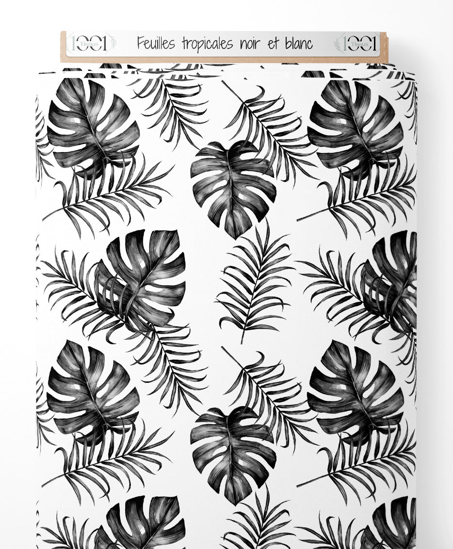 Tissu - Feuilles tropicales noir et blanc