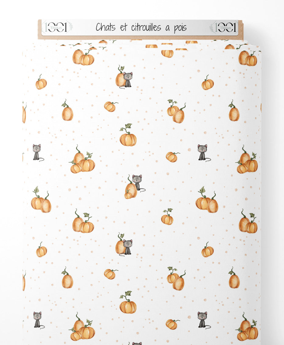 Tissu - Chats et citrouilles à pois