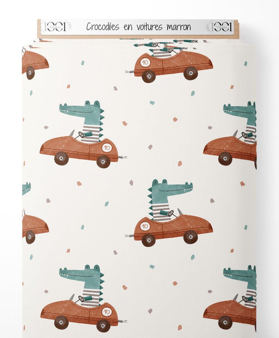 Tissu - Crocodiles en voitures marron