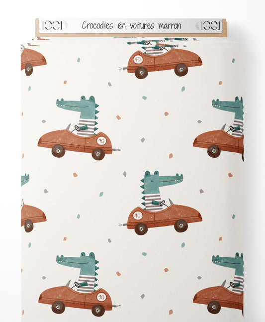 Tissu - Crocodiles en voitures marron