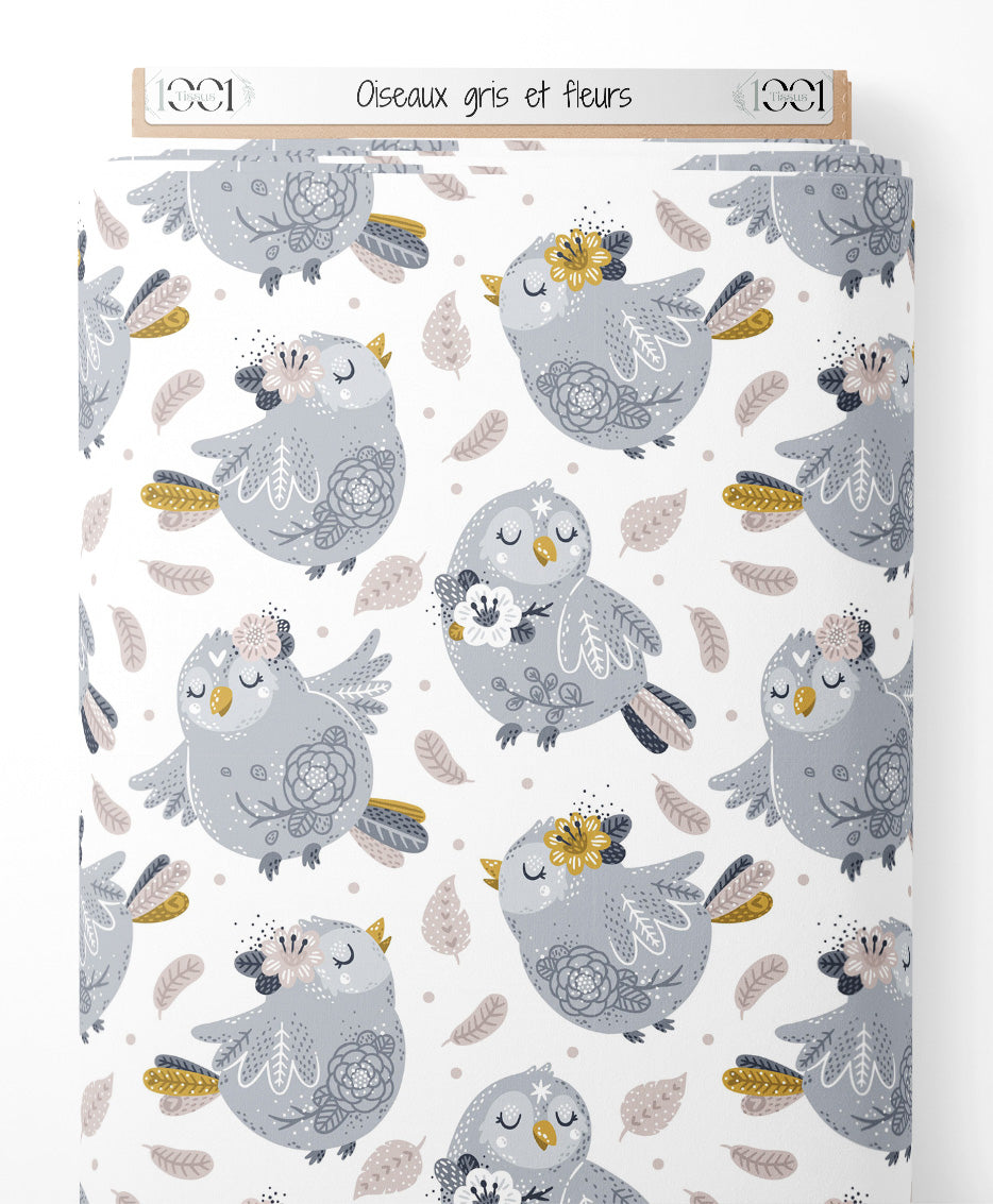 Tissu - Oiseaux gris et fleurs