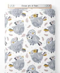 Tissu - Oiseaux gris et fleurs