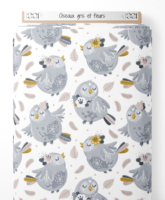 Tissu - Oiseaux gris et fleurs