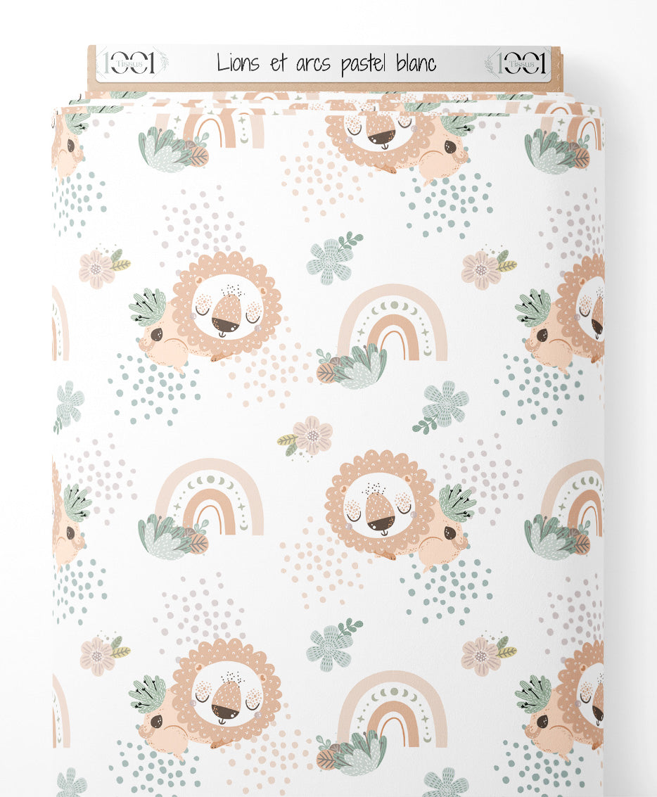 Tissu - Lions et arcs pastel blanc