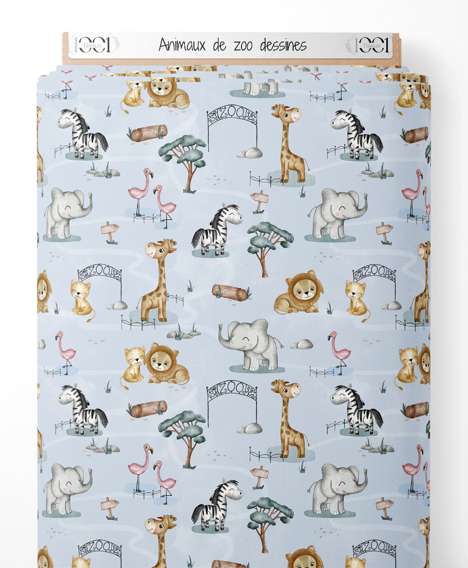 Tissu - Animaux de zoo dessinés