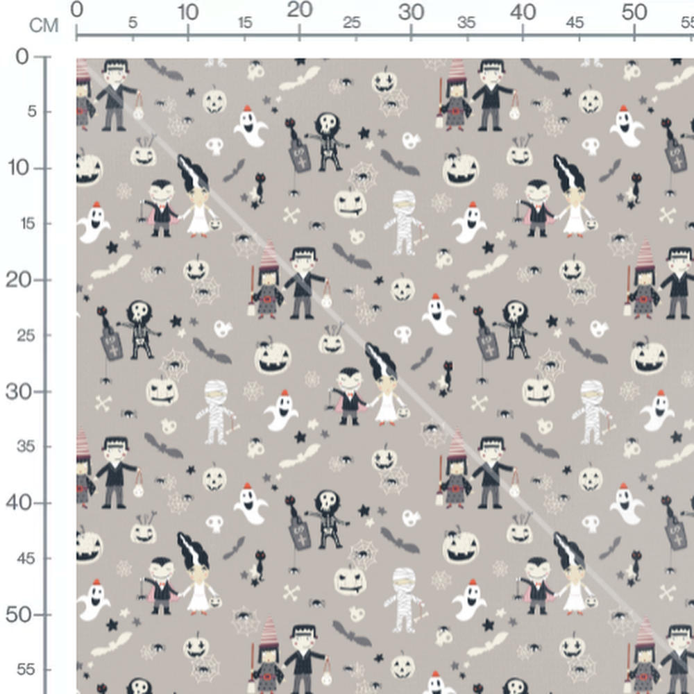 Tissu - Personnages Halloween sur fond gris