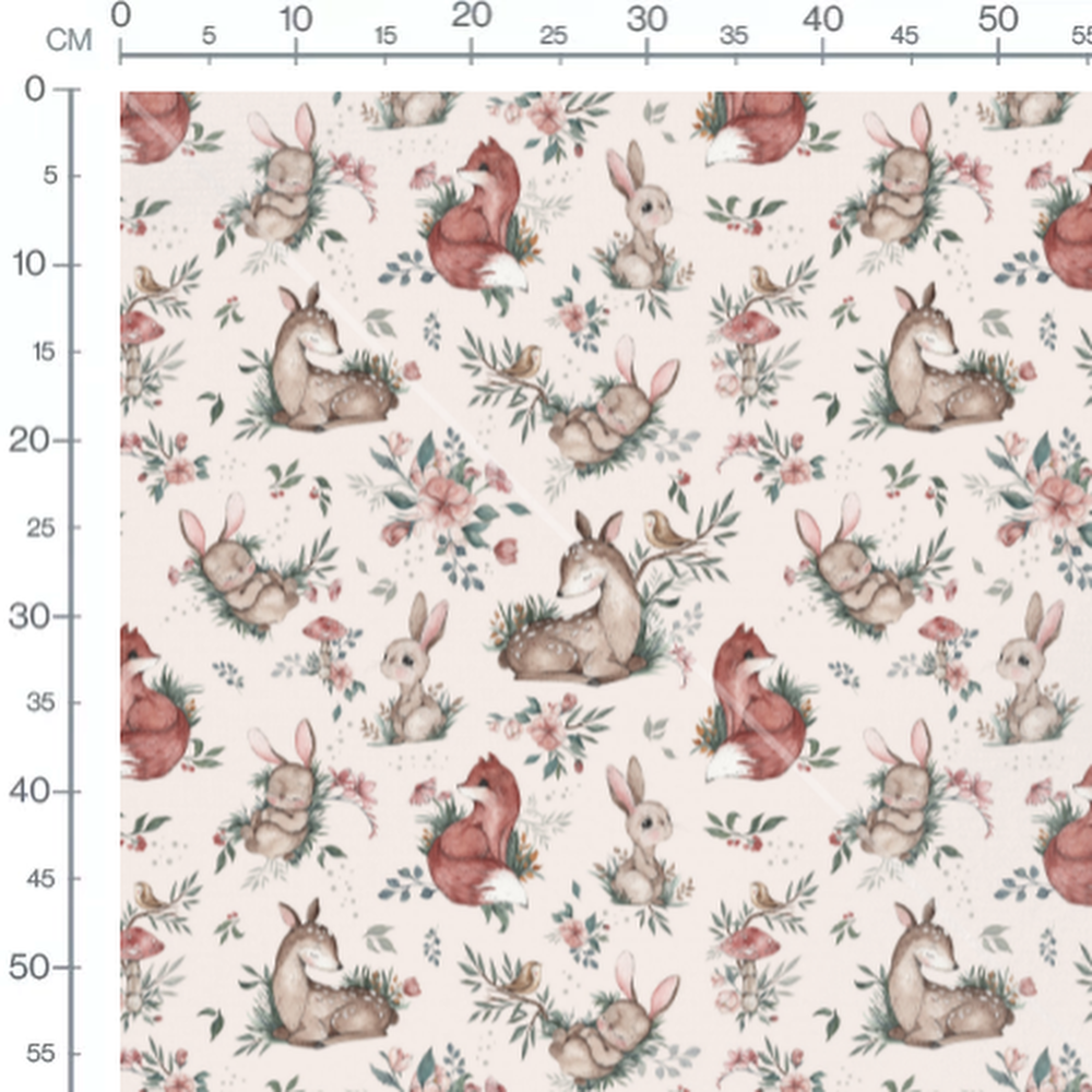 Tissu - Lapins et oiseaux en fleurs