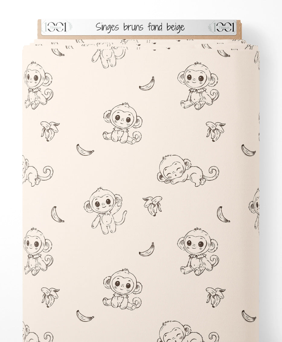 Tissu - Singes bruns sur fond beige