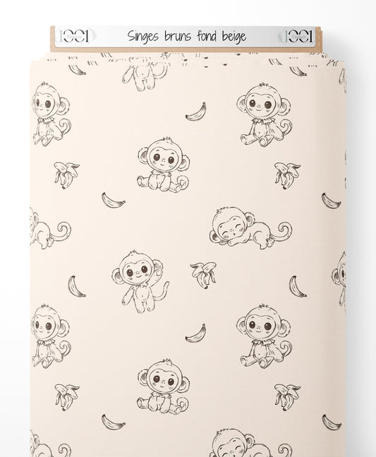 Tissu - Singes bruns sur fond beige