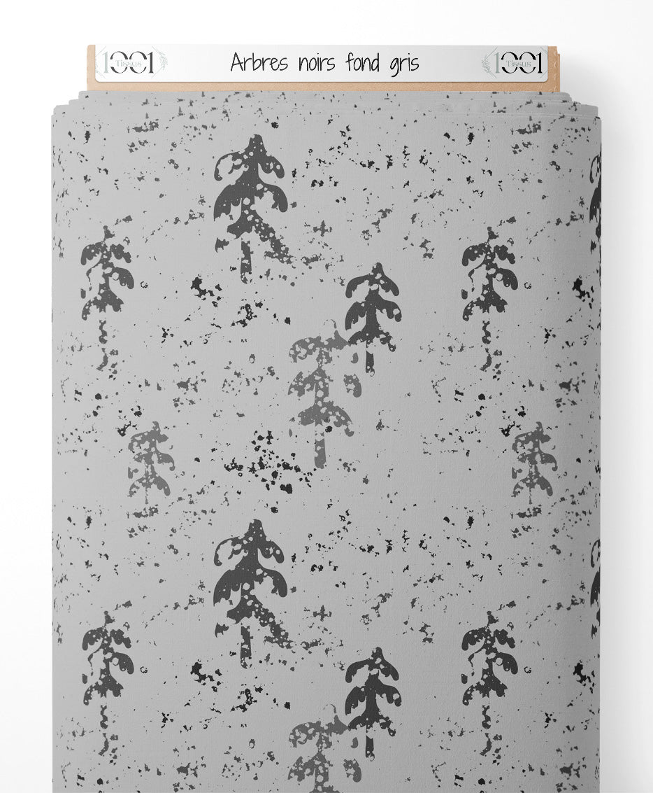 Tissu - Arbres noirs sur fond gris