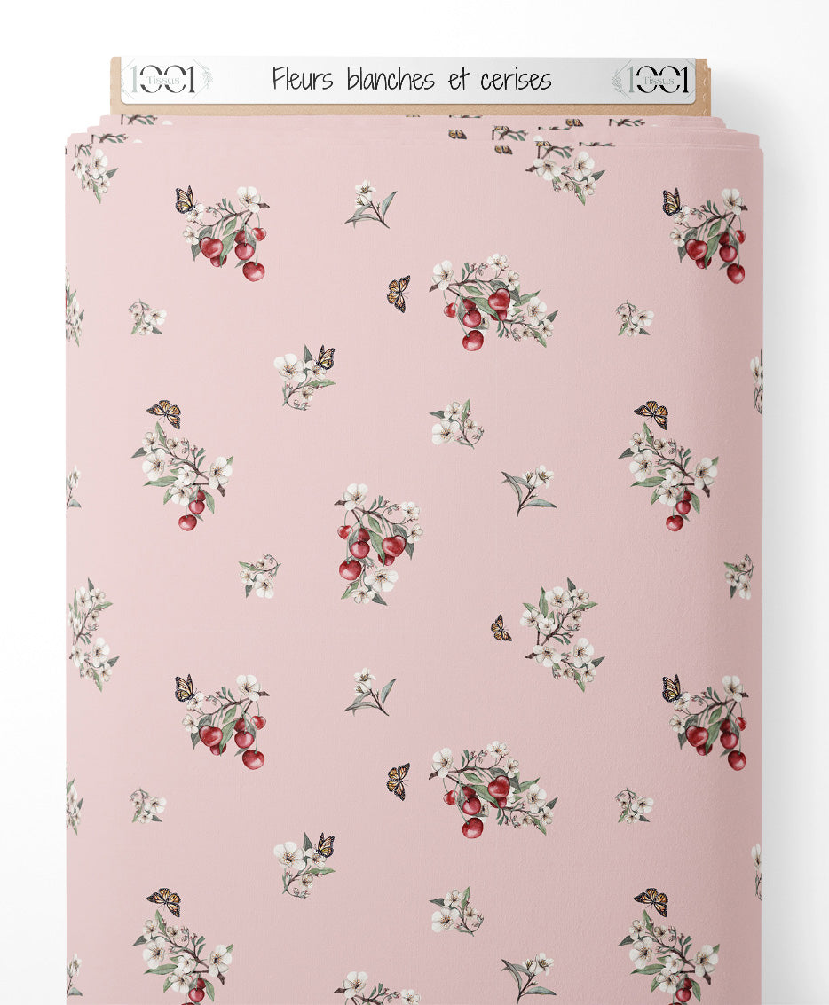 Tissu - Fleurs blanches et cerises