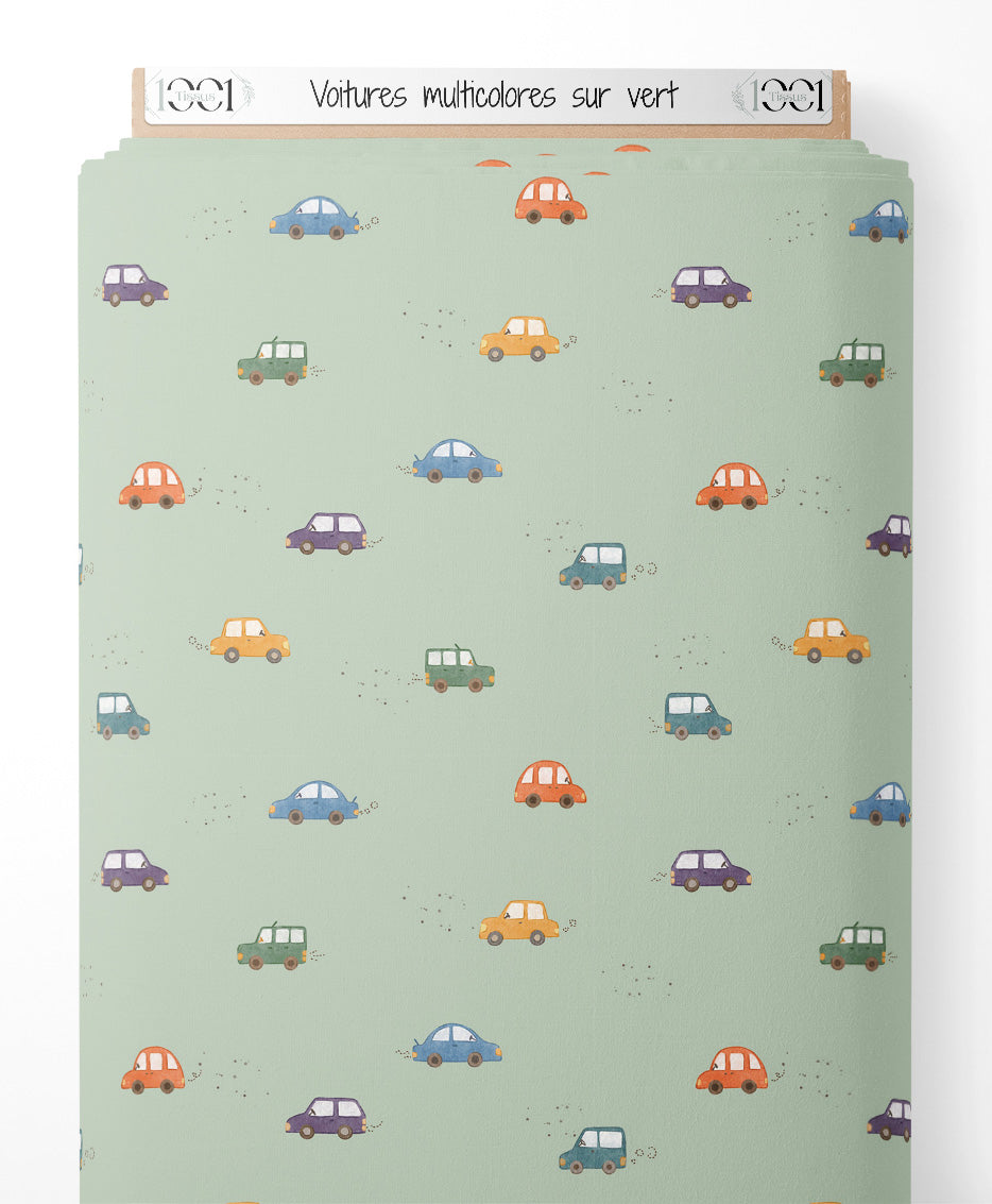 Tissu - Voitures multicolores sur vert