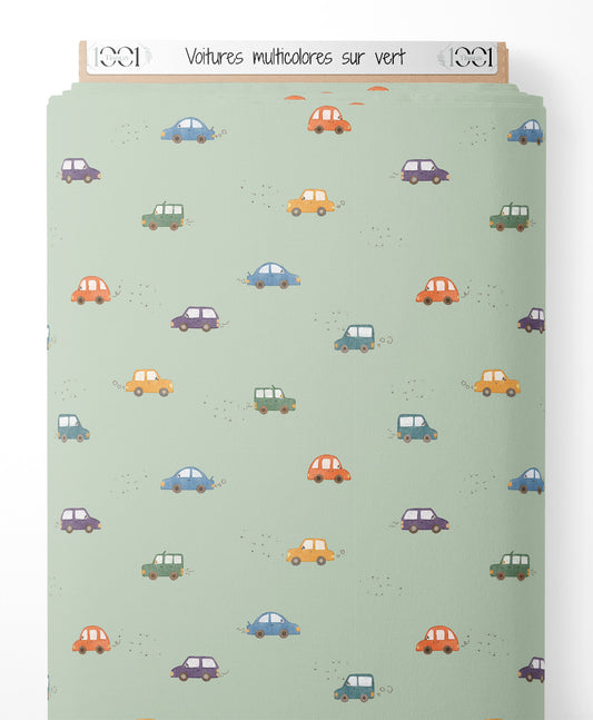 Tissu - Voitures multicolores sur vert