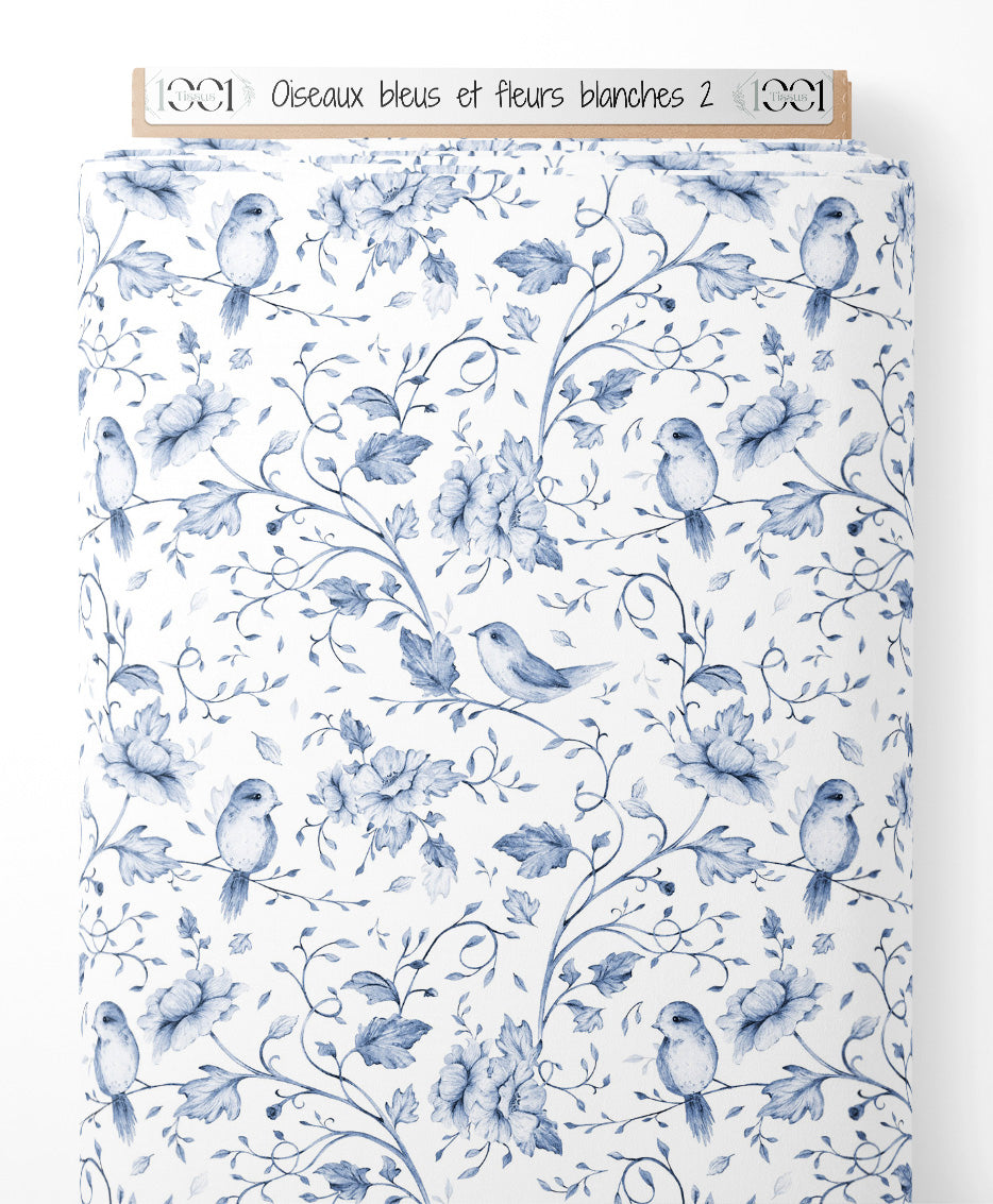 Tissu - Oiseaux bleus et fleurs blanches 2