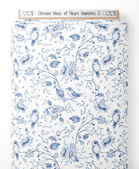 Tissu - Oiseaux bleus et fleurs blanches 2