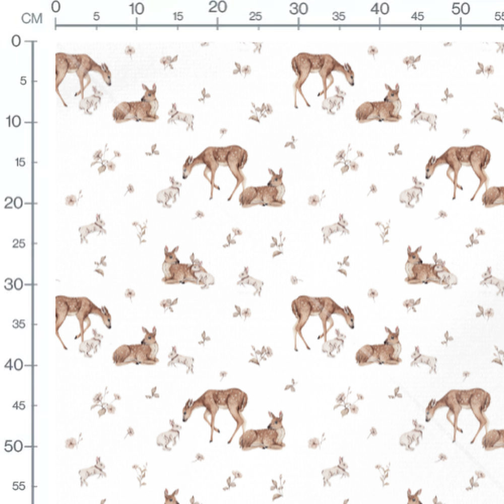 Tissu - Faons et lapins sur blanc