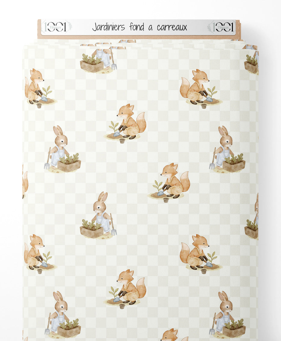 Tissu - Jardiniers sur fond à carreaux