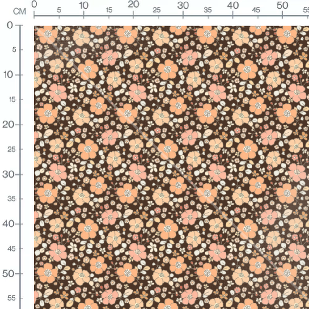 Tissu - Fleurs roses et orange sur brun