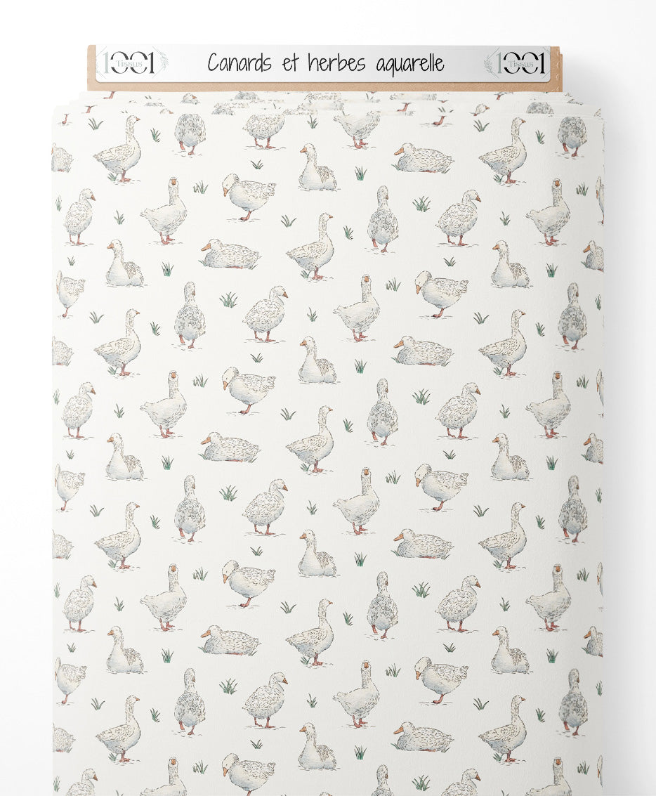 Tissu - Canards et herbes aquarelle