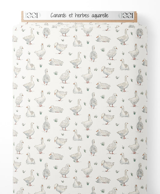 Tissu - Canards et herbes aquarelle