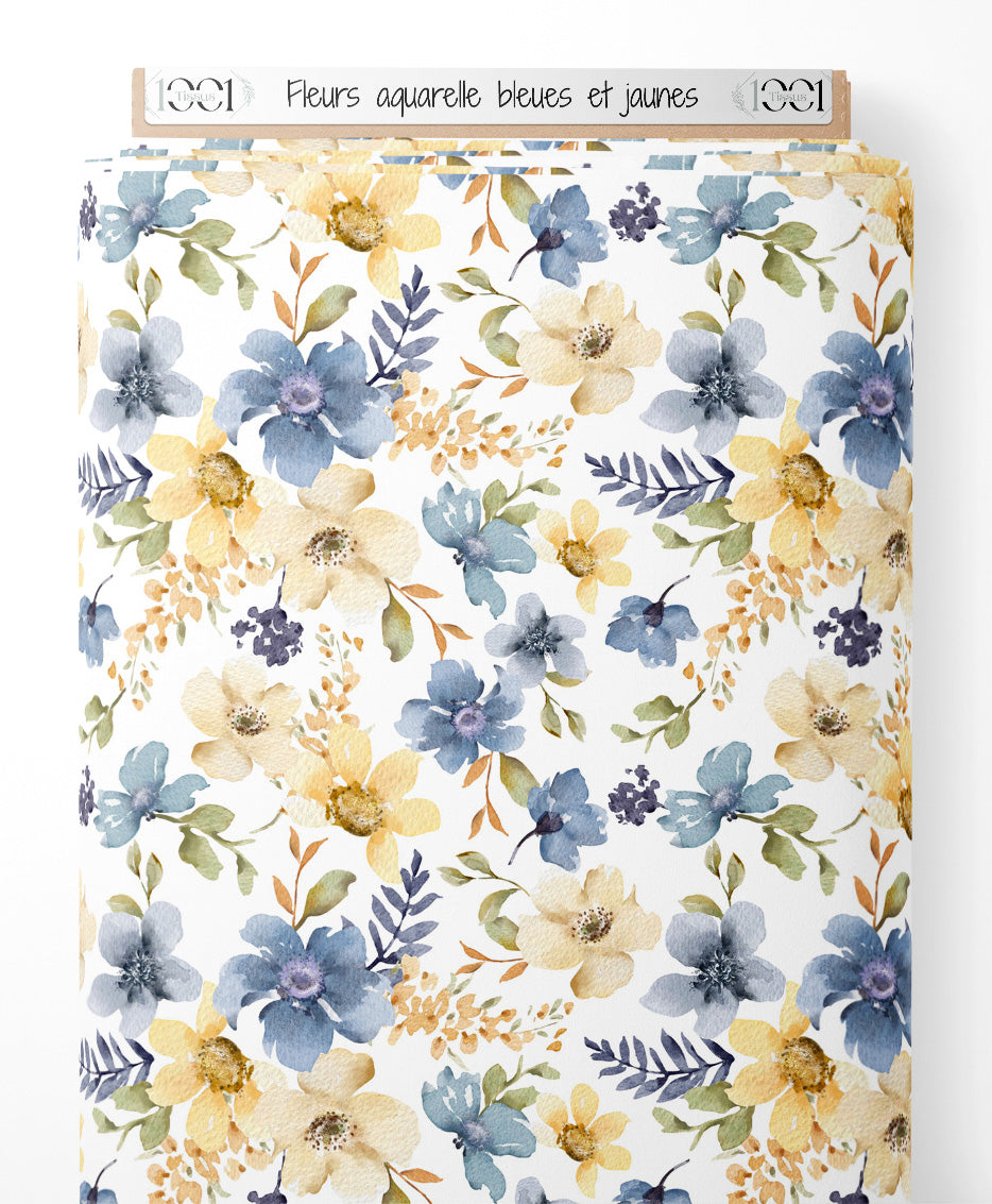 Tissu - Fleurs aquarelle bleues et jaunes