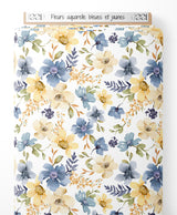 Tissu - Fleurs aquarelle bleues et jaunes