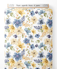 Tissu - Fleurs aquarelle bleues et jaunes