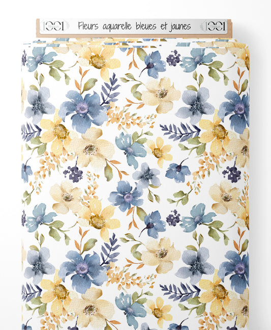 Tissu - Fleurs aquarelle bleues et jaunes