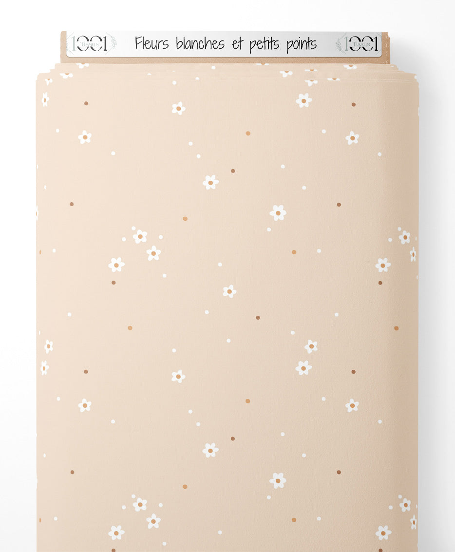Tissu - Fleurs blanches et petits points
