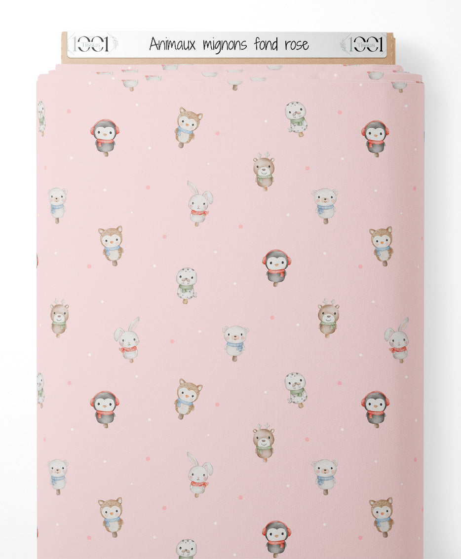 Tissu - Animaux mignons fond rose